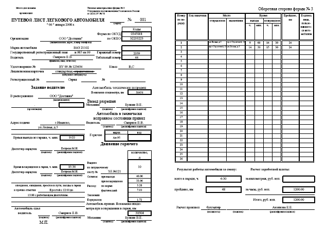 Путевой лист легкового автомобиля